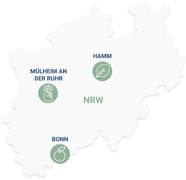 Standorte regionaler Partner in NRW: Bonn, Hamm und Mülheim an der Ruhr im Fokus nachhaltiger Frischelogistik.